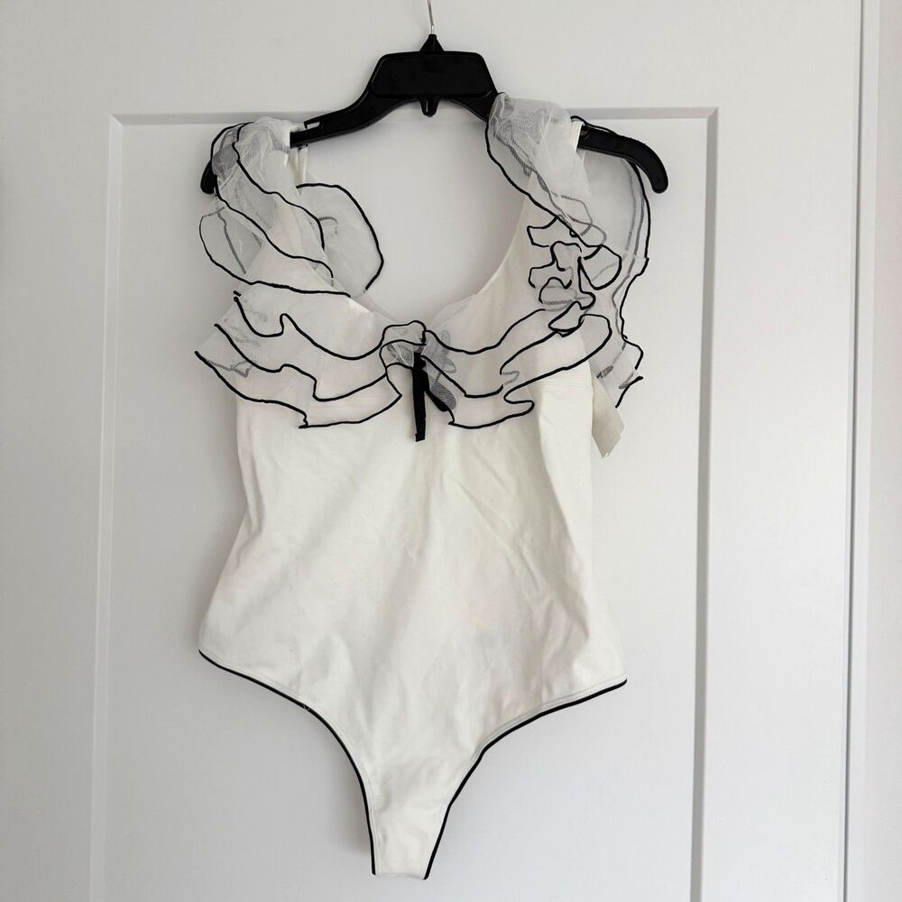 Free People Sugar Free Bodysuit Size L White Sheer Lace Black Trim NWOT - Picture 3 of 7